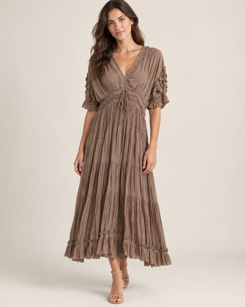 Ulla Johnson Taupe Ruched Ruffle Midi Dress Boho Size 8
